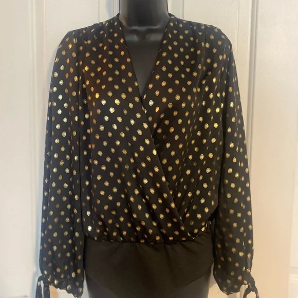 “ZARA” Gold Polka Dot Wrap Blouse BodySuit - Picture 5 of 16